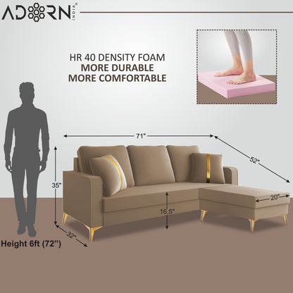 Adorn India Premium Chandler - 3 Years Warranty - L Shape 4 Seater Sofa Set Velvet Suede Fabric - Beige