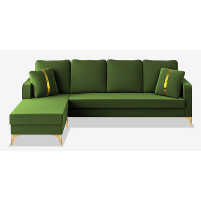 Adorn India Premium Chandler - 3 Years Warranty - L Shape 5 Seater Sofa Set -LHS- Velvet Suede Fabric - Green