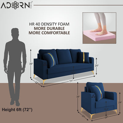 Adorn India Premium Chandler - 3 Years Warranty - 3+1+1 Sofa Set Velvet Suede Fabric - Blue