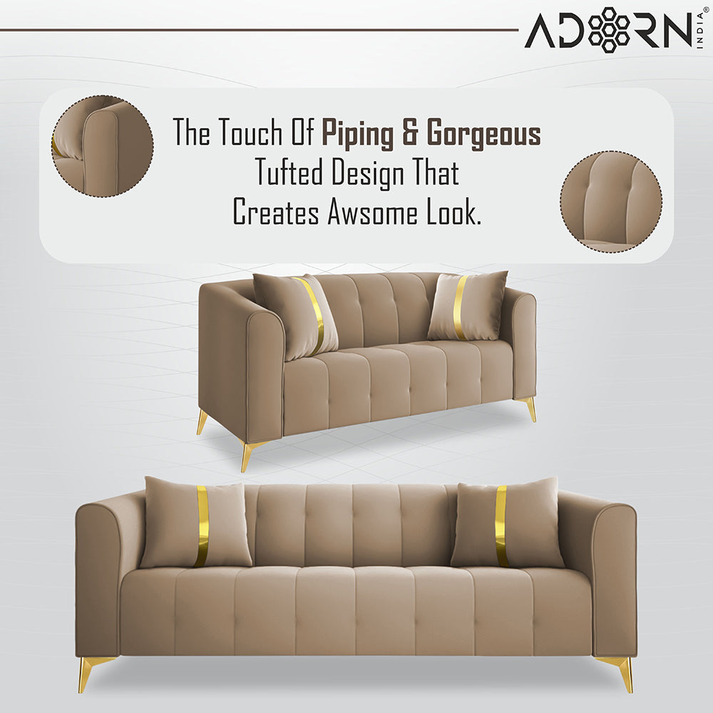 Adorn India Premium Mystic - 3 Years Warranty - 3+2+1 Sofa Set Velvet Suede Fabric - Beige