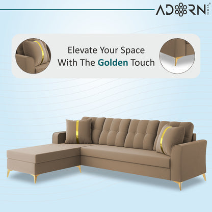 Adorn India Premium Maddox Tufted- 3 Years Warranty - L Shape 5 Seater Sofa Set -LHS-Velvet Suede Fabric - Beige