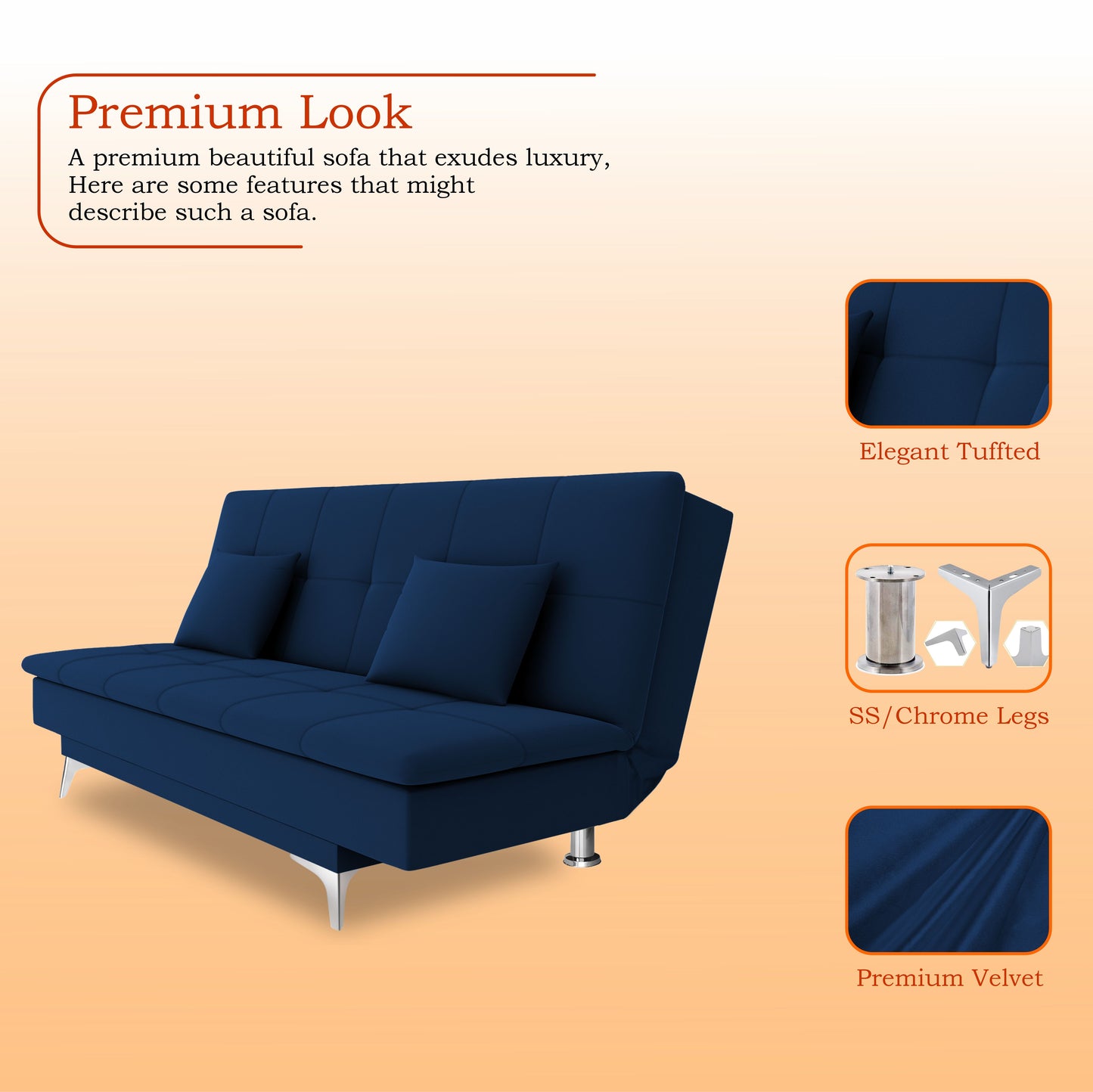 Adorn India New Aspen 3 Seater Sofa Cum Bed 4X6 Velvet (Blue) (2 Year Warranty)