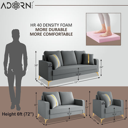 Adorn India Premium Chandler - 3 Years Warranty - 3+2+1 Sofa Set Velvet Suede Fabric - Grey