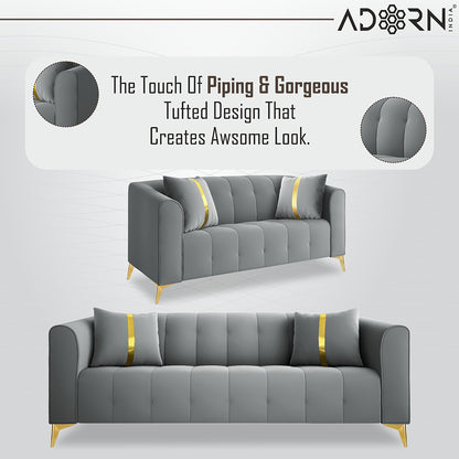 Adorn India Premium Mystic - 3 Years Warranty - 3+2+1 Sofa Set Velvet Suede Fabric - Grey