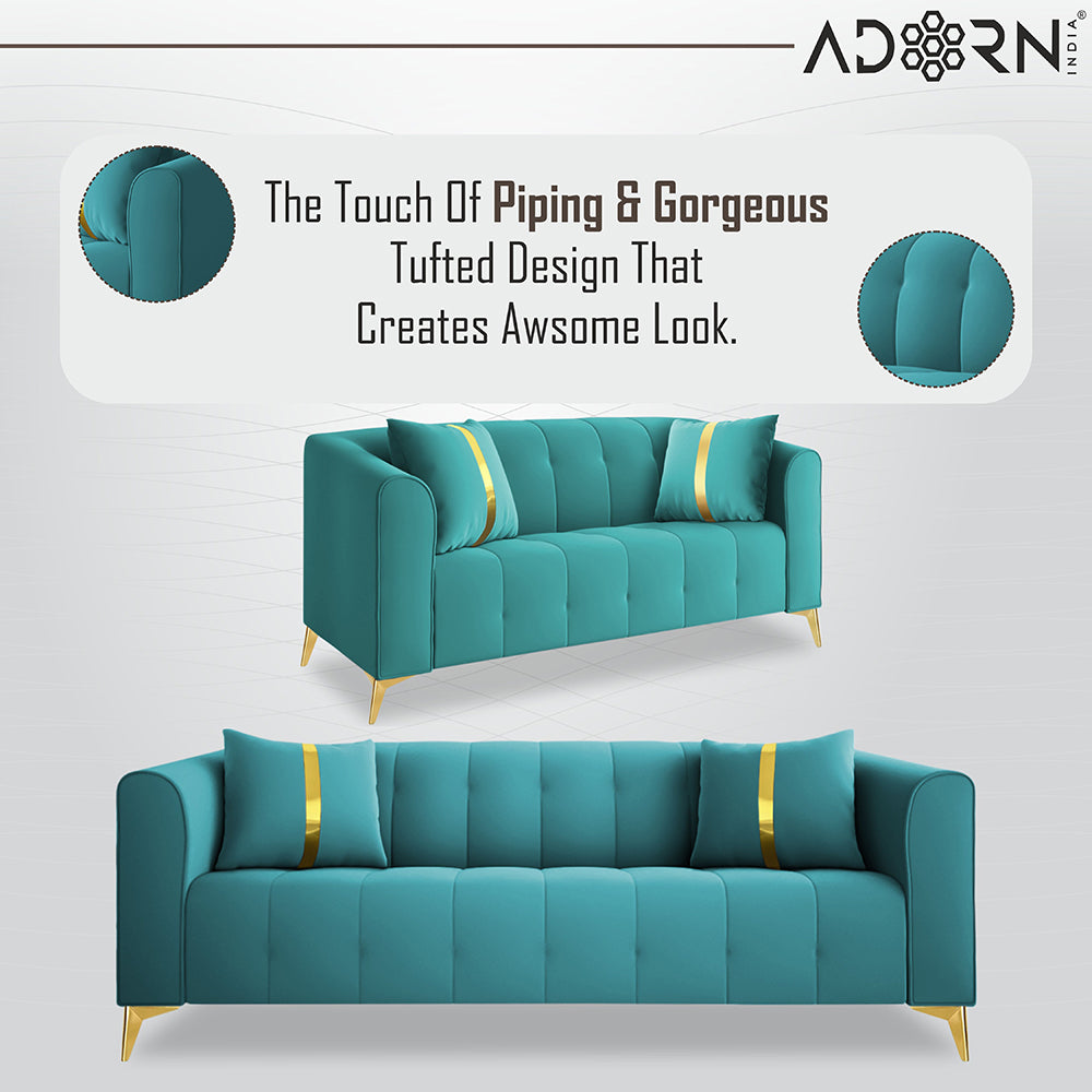 Adorn India Premium Mystic - 3 Years Warranty - 3+2+1 Sofa Set Velvet Suede Fabric - Aqua Blue