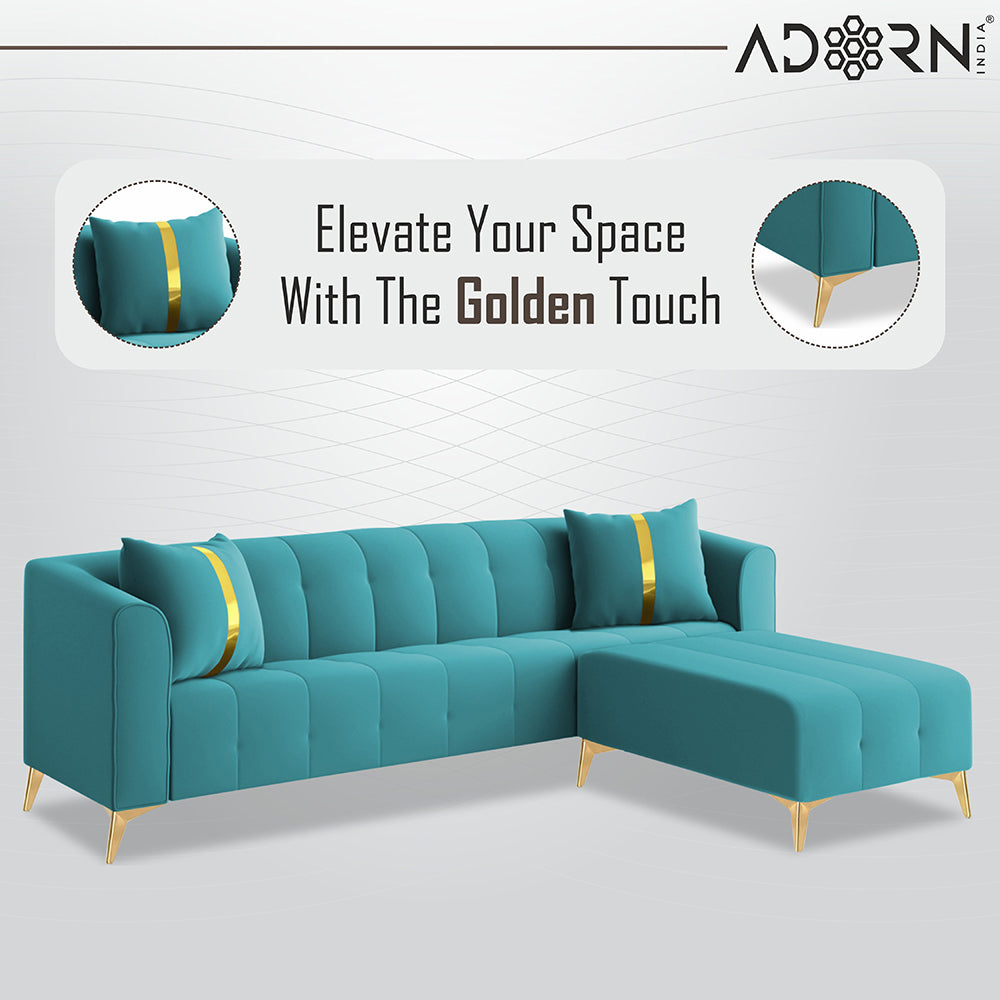 Adorn India Premium Mystic - 3 Years Warranty - L Shape 5 Seater Sofa Set Velvet Suede Fabric - Aqua Blue