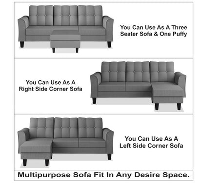 Adorn India Maddox Tufted L Shape 4 Seater Sofa Set (Grey) (3 Year Warranty)