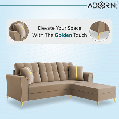 Adorn India Premium Maddox Tufted - 3 Years Warranty - L Shape 4 Seater Sofa Set Velvet Suede Fabric - Beige