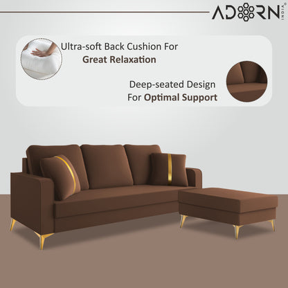 Adorn India Premium Chandler - 3 Years Warranty - L Shape 4 Seater Sofa Set Velvet Suede Fabric - Brown