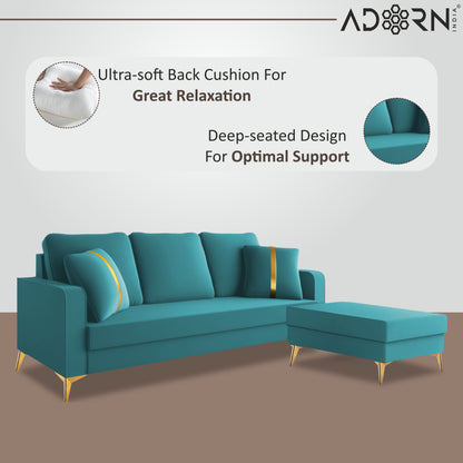 Adorn India Premium Chandler - 3 Years Warranty - L Shape 4 Seater Sofa Set Velvet Suede Fabric - Aqua Blue