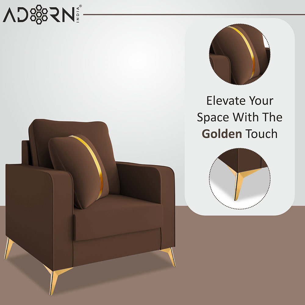 Adorn India Premium Chandler - 3 Years Warranty - 1 Seater Sofa Velvet Suede Fabric - Brown