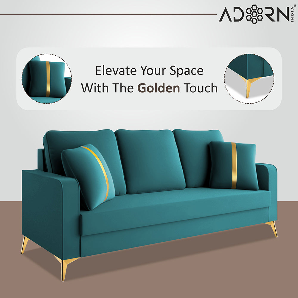 Adorn India Premium Chandler - 3 Years Warranty - 3+1+1 Sofa Set Velvet Suede Fabric - Aqua Blue