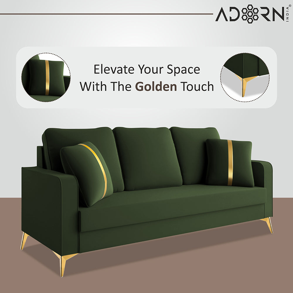 Adorn India Premium Chandler - 3 Years Warranty - 3+2+1 Sofa Set Velvet Suede Fabric - Green