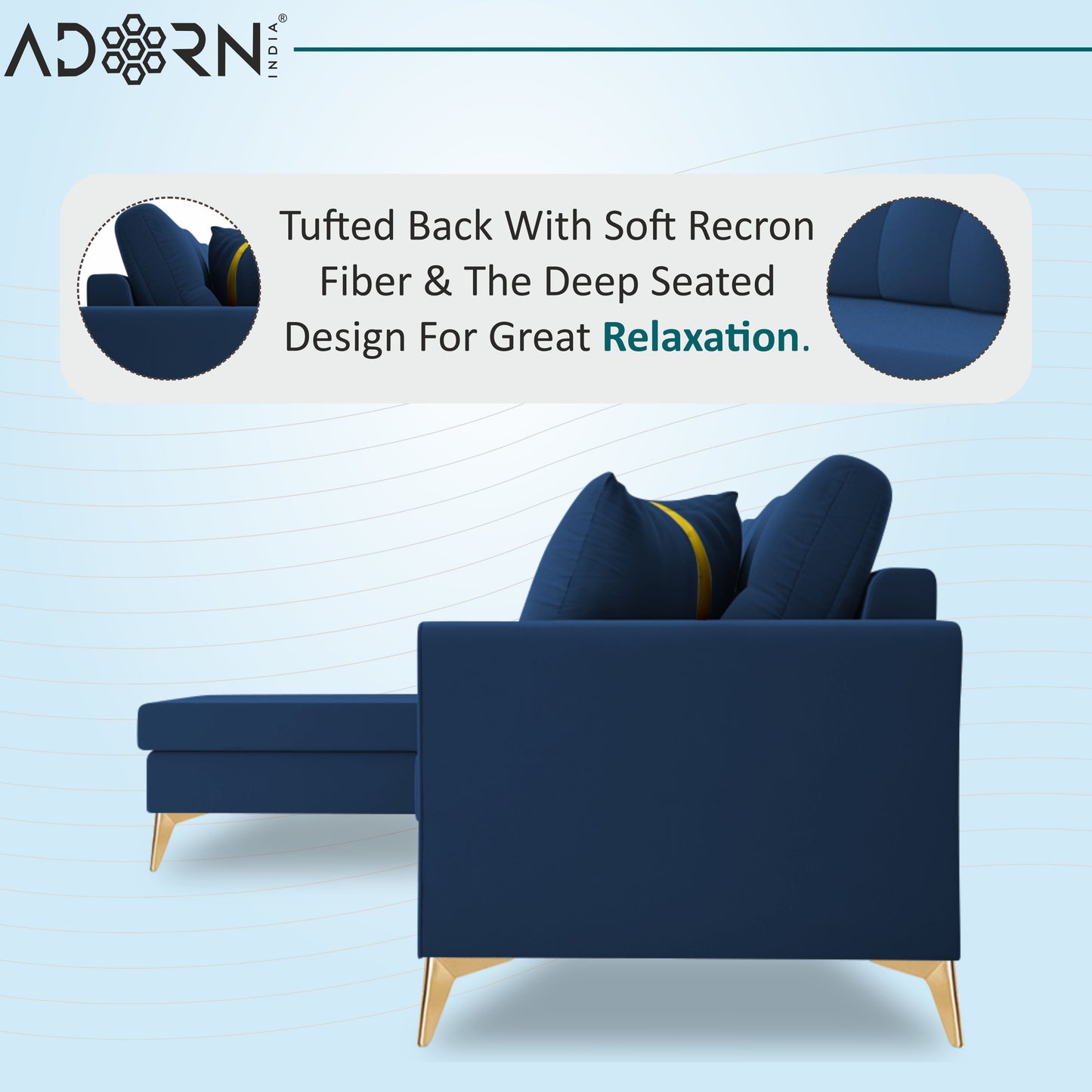 Adorn India Premium Maddox Tufted- 3 Years Warranty - L Shape 5 Seater Sofa Set -LHS-Velvet Suede Fabric -Blue