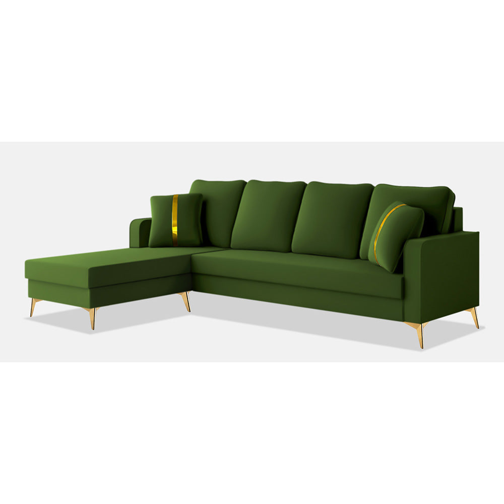 Adorn India Premium Chandler - 3 Years Warranty - L Shape 5 Seater Sofa Set -LHS- Velvet Suede Fabric - Green