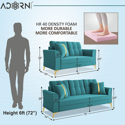 Adorn India Premium Maddox Tufted - 3 Years Warranty - 3+2 Sofa Set Velvet Suede Fabric - Aqua Blue