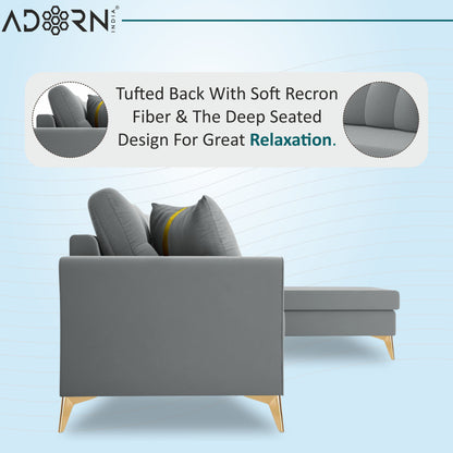 Adorn India Premium Maddox Tufted- 3 Years Warranty - L Shape 5 Seater Sofa Set -RHS-Velvet Suede Fabric - Grey