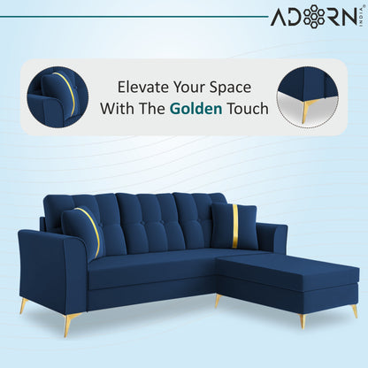 Adorn India Premium Maddox Tufted - 3 Years Warranty - L Shape 4 Seater Sofa Set Velvet Suede Fabric -Blue