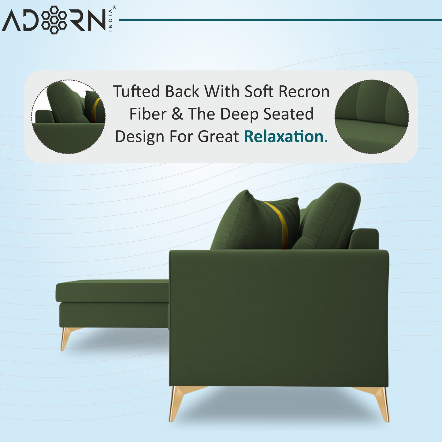 Adorn India Premium Maddox Tufted- 3 Years Warranty - L Shape 5 Seater Sofa Set -LHS-Velvet Suede Fabric - Green