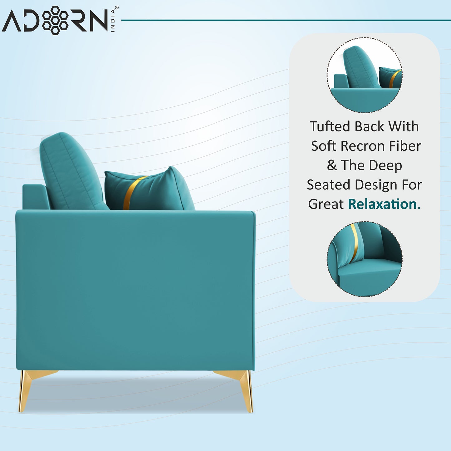 Adorn India Premium Maddox Tufted - 3 Years Warranty - 1 Seater Sofa Velvet Suede Fabric - Aqua Blue