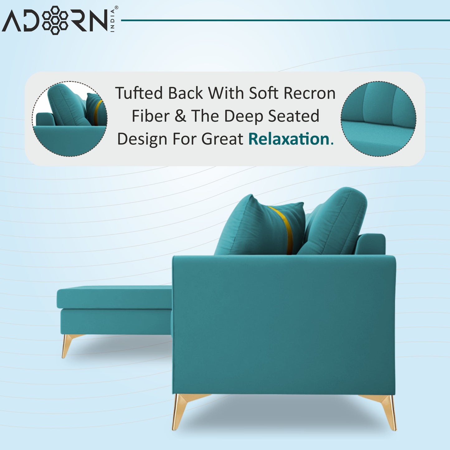 Adorn India Premium Maddox Tufted- 3 Years Warranty - L Shape 5 Seater Sofa Set -LHS-Velvet Suede Fabric - Aqua Blue