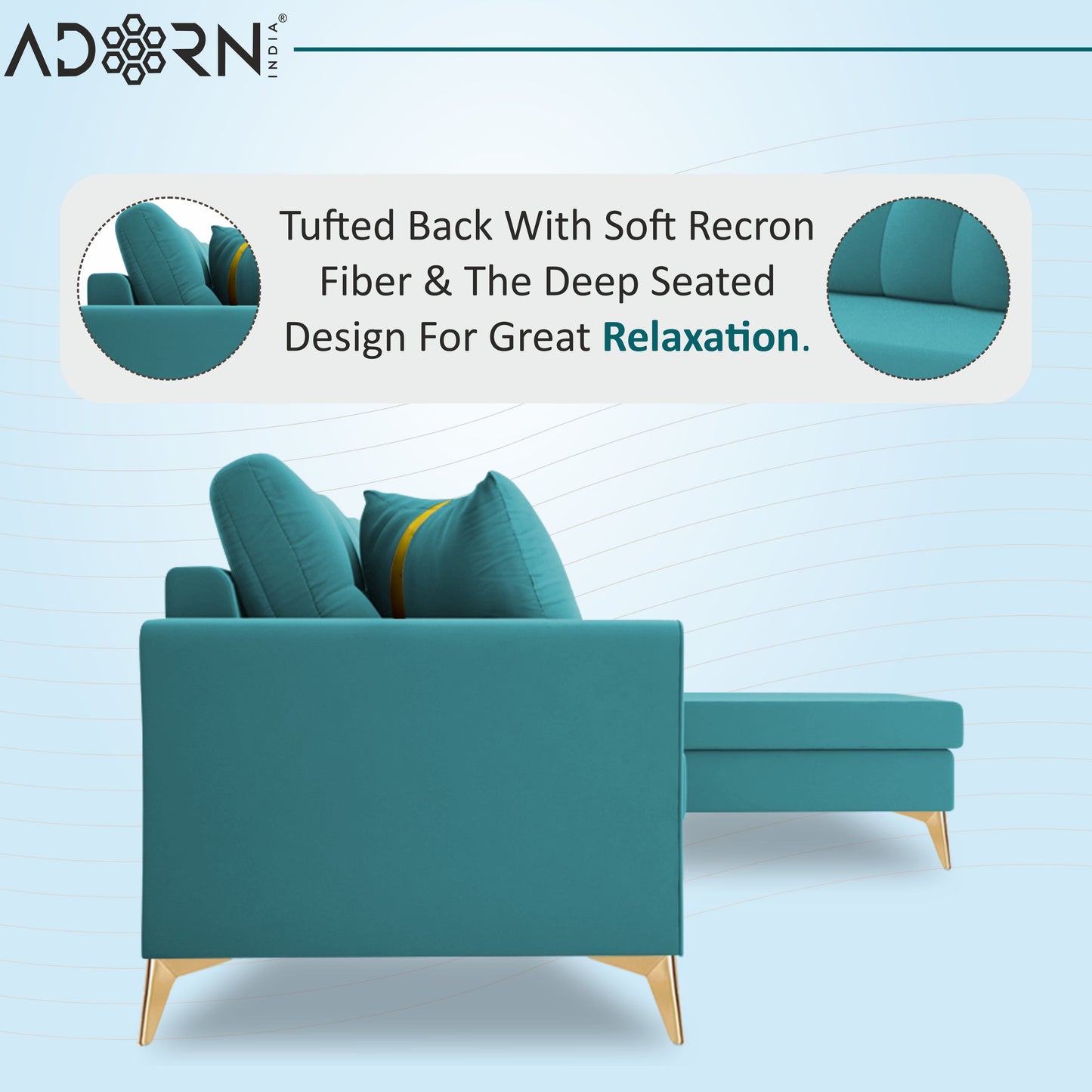 Adorn India Premium Maddox Tufted- 3 Years Warranty - L Shape 5 Seater Sofa Set -RHS-Velvet Suede Fabric - Aqua Blue