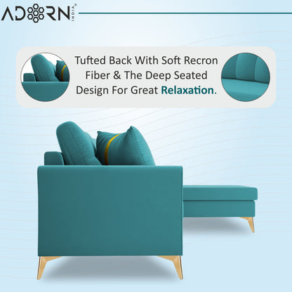 Adorn India Premium Maddox Tufted- 3 Years Warranty - L Shape 5 Seater Sofa Set -RHS-Velvet Suede Fabric - Aqua Blue