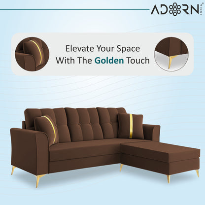 Adorn India Premium Maddox Tufted - 3 Years Warranty - L Shape 4 Seater Sofa Set Velvet Suede Fabric - Brown