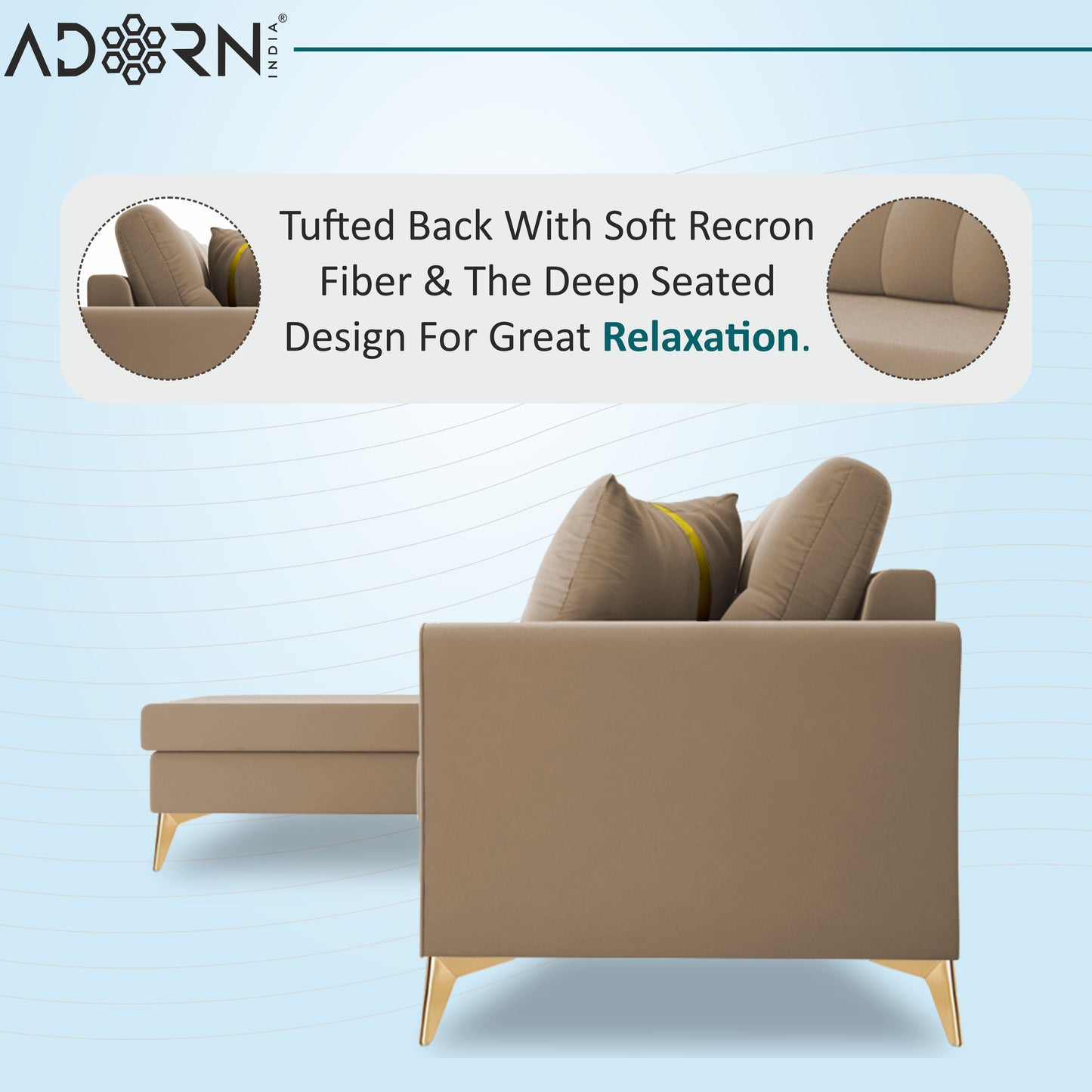 Adorn India Premium Maddox Tufted- 3 Years Warranty - L Shape 5 Seater Sofa Set -LHS-Velvet Suede Fabric - Beige