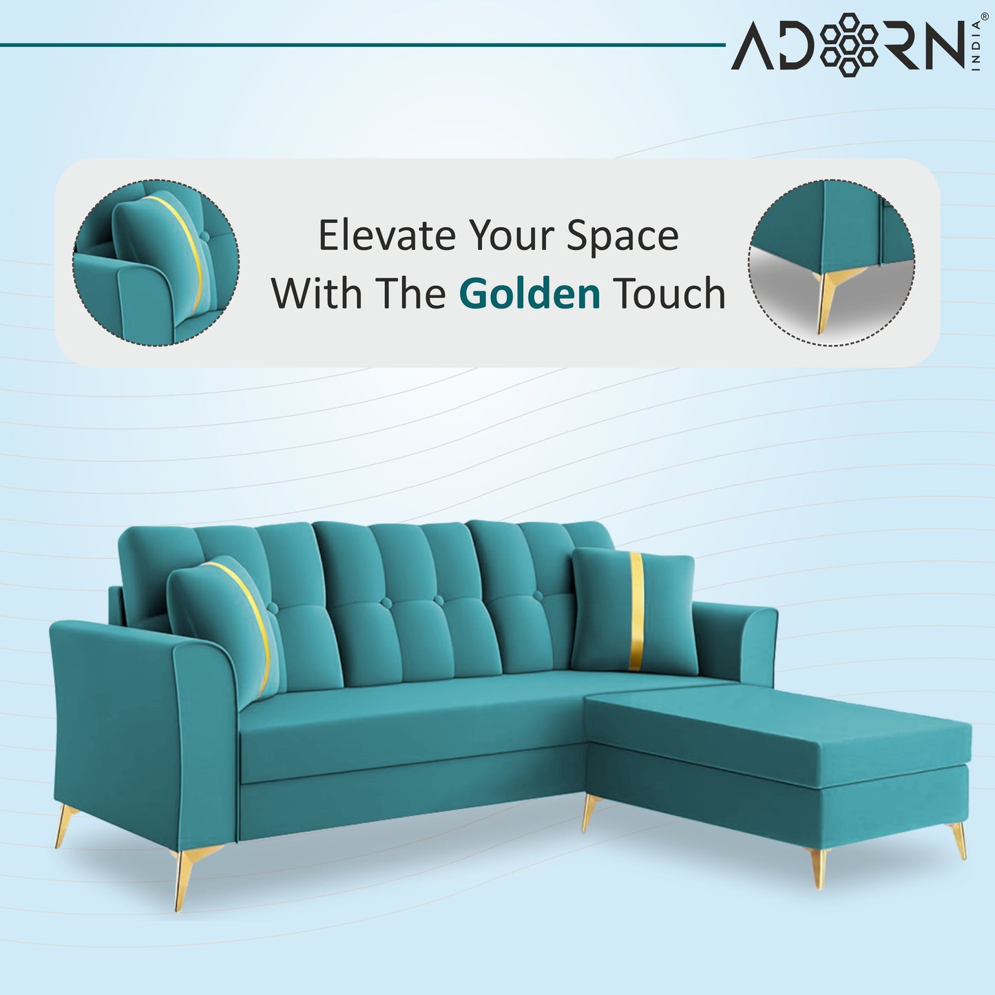 Adorn India Premium Maddox Tufted - 3 Years Warranty - L Shape 4 Seater Sofa Set Velvet Suede Fabric - Aqua Blue