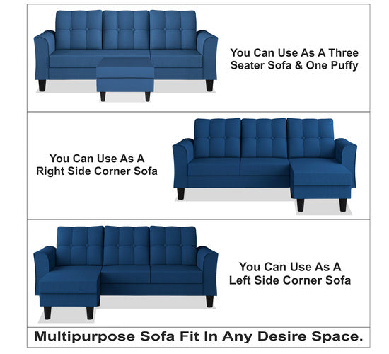 Adorn India Maddox Tufted L Shape 4 Seater Sofa Set (Blue) (3 Year Warranty)