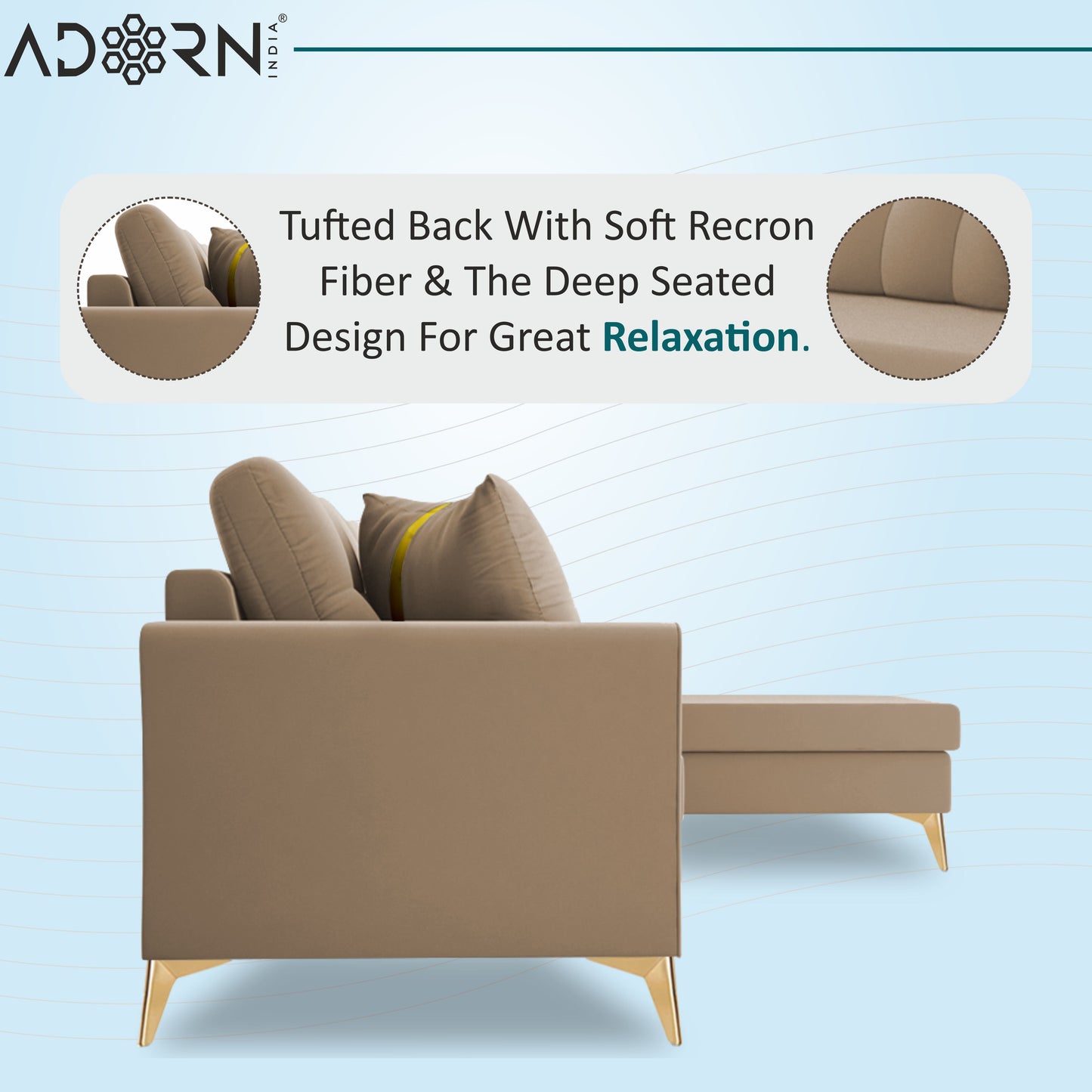 Adorn India Premium Maddox Tufted- 3 Years Warranty - L Shape 5 Seater Sofa Set -RHS-Velvet Suede Fabric - Beige