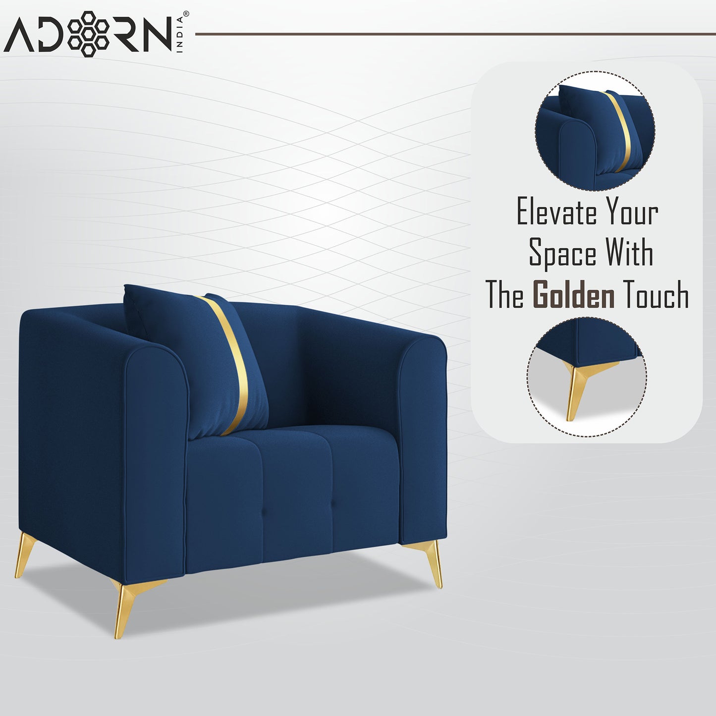 Adorn India Premium Mystic - 3 Years Warranty - 1 Seater Sofa Velvet Suede Fabric - Blue