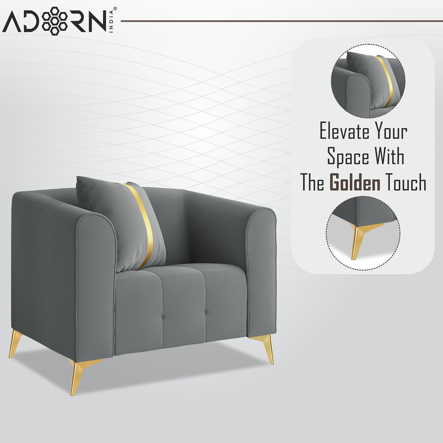 Adorn India Premium Mystic - 3 Years Warranty - 1 Seater Sofa Velvet Suede Fabric - Grey