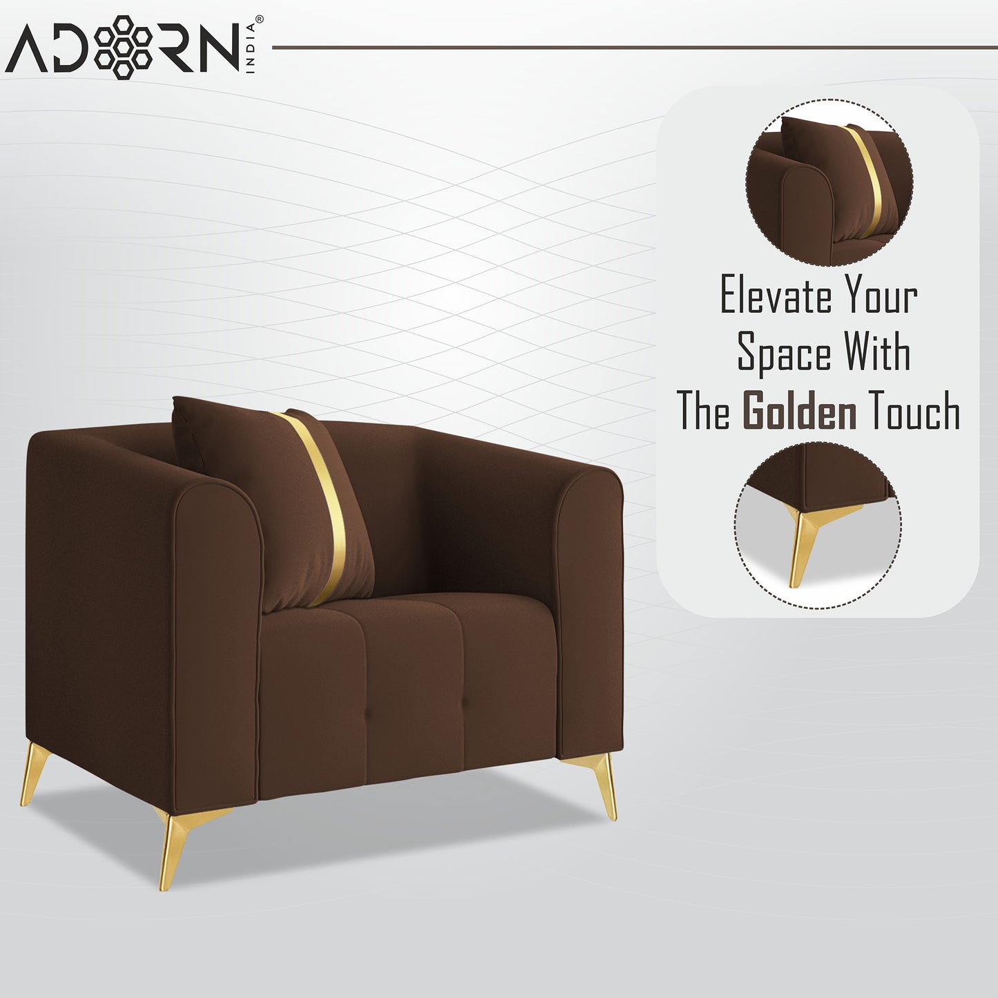 Adorn India Premium Mystic - 3 Years Warranty - 1 Seater Sofa Velvet Suede Fabric - Brown