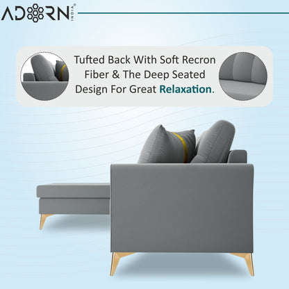 Adorn India Premium Maddox Tufted- 3 Years Warranty - L Shape 5 Seater Sofa Set -LHS-Velvet Suede Fabric - Grey