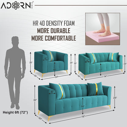 Adorn India Premium Mystic - 3 Years Warranty - 3+2+1 Sofa Set Velvet Suede Fabric - Aqua Blue