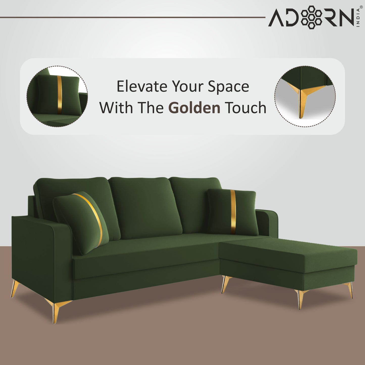 Adorn India Premium Chandler - 3 Years Warranty - L Shape 4 Seater Sofa Set Velvet Suede Fabric - Green