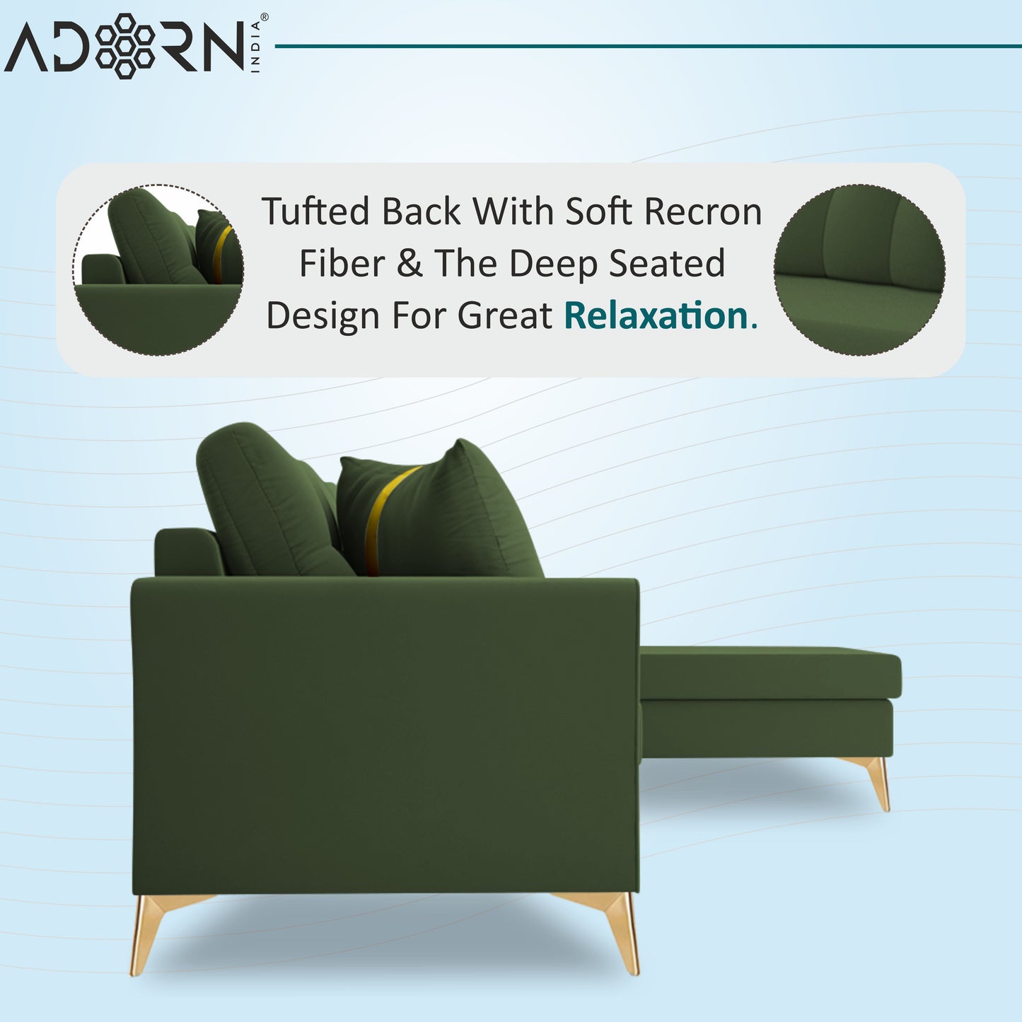 Adorn India Premium Maddox Tufted- 3 Years Warranty - L Shape 5 Seater Sofa Set -RHS-Velvet Suede Fabric - Green