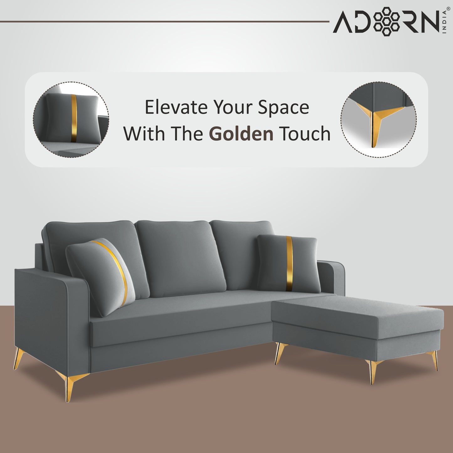 Adorn India Premium Chandler - 3 Years Warranty - L Shape 4 Seater Sofa Set Velvet Suede Fabric - Grey