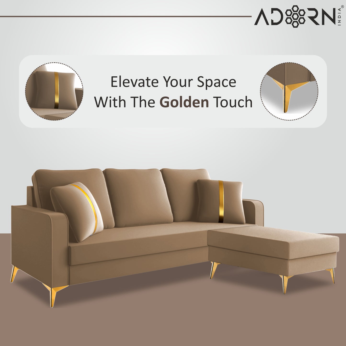 Adorn India Premium Chandler - 3 Years Warranty - L Shape 4 Seater Sofa Set Velvet Suede Fabric - Beige