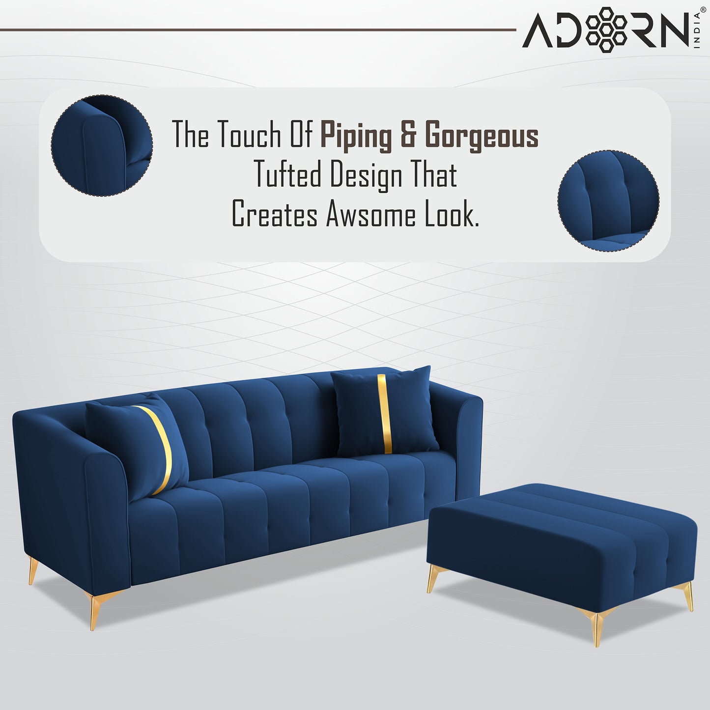 Adorn India Premium Mystic - 3 Years Warranty - L Shape 4 Seater Sofa Set Velvet Suede Fabric - Blue