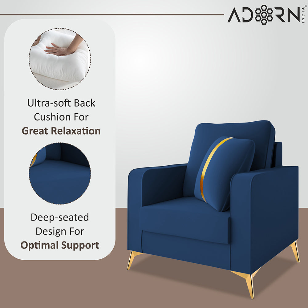 Adorn India Premium Chandler - 3 Years Warranty - 1 Seater Sofa Velvet Suede Fabric - Blue