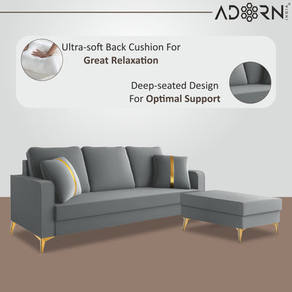 Adorn India Premium Chandler - 3 Years Warranty - L Shape 4 Seater Sofa Set Velvet Suede Fabric - Grey