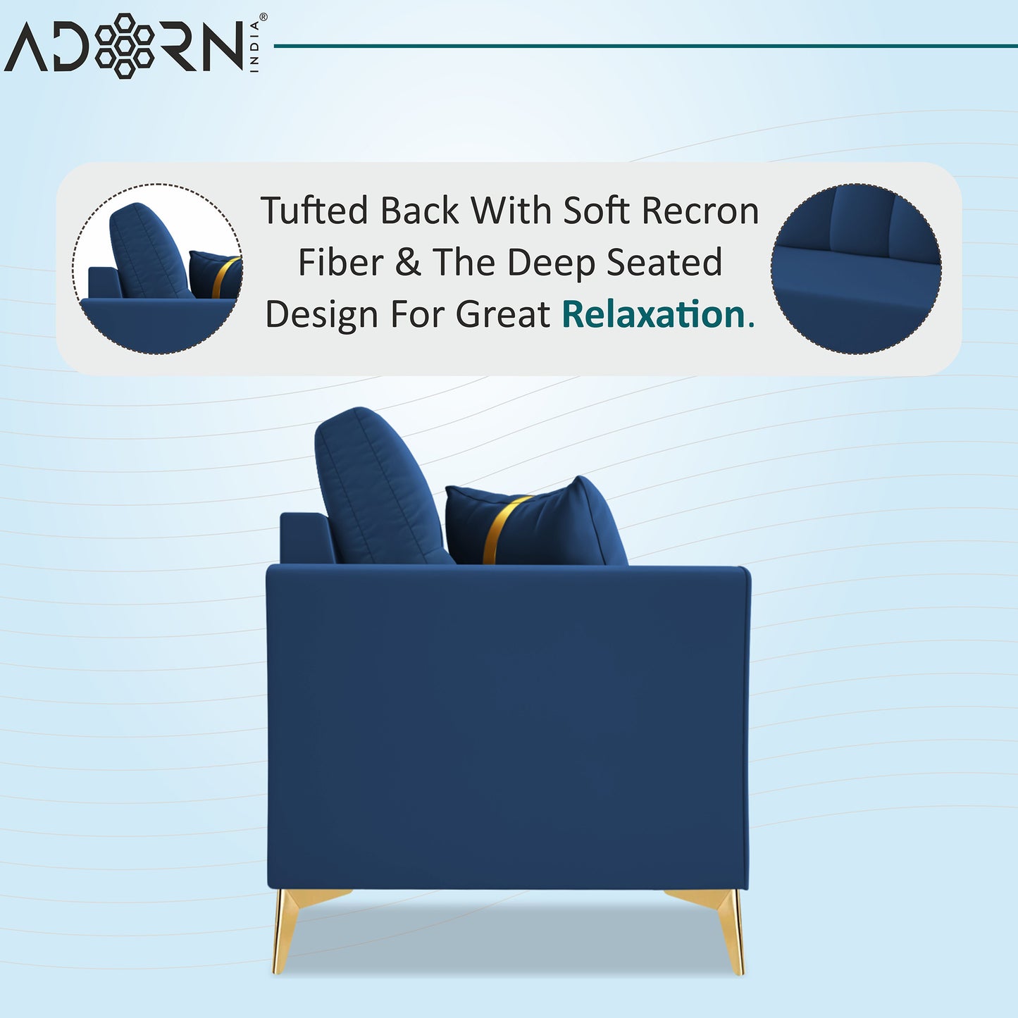 Adorn India Premium Maddox Tufted - 3 Years Warranty - 3 Seater Sofa Velvet Suede Fabric - Blue