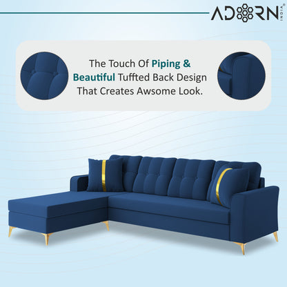 Adorn India Premium Maddox Tufted- 3 Years Warranty - L Shape 5 Seater Sofa Set -LHS-Velvet Suede Fabric -Blue