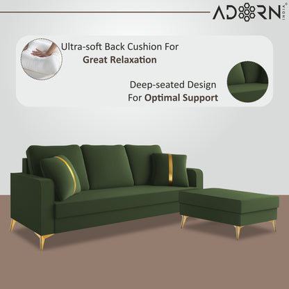 Adorn India Premium Chandler - 3 Years Warranty - L Shape 4 Seater Sofa Set Velvet Suede Fabric - Green