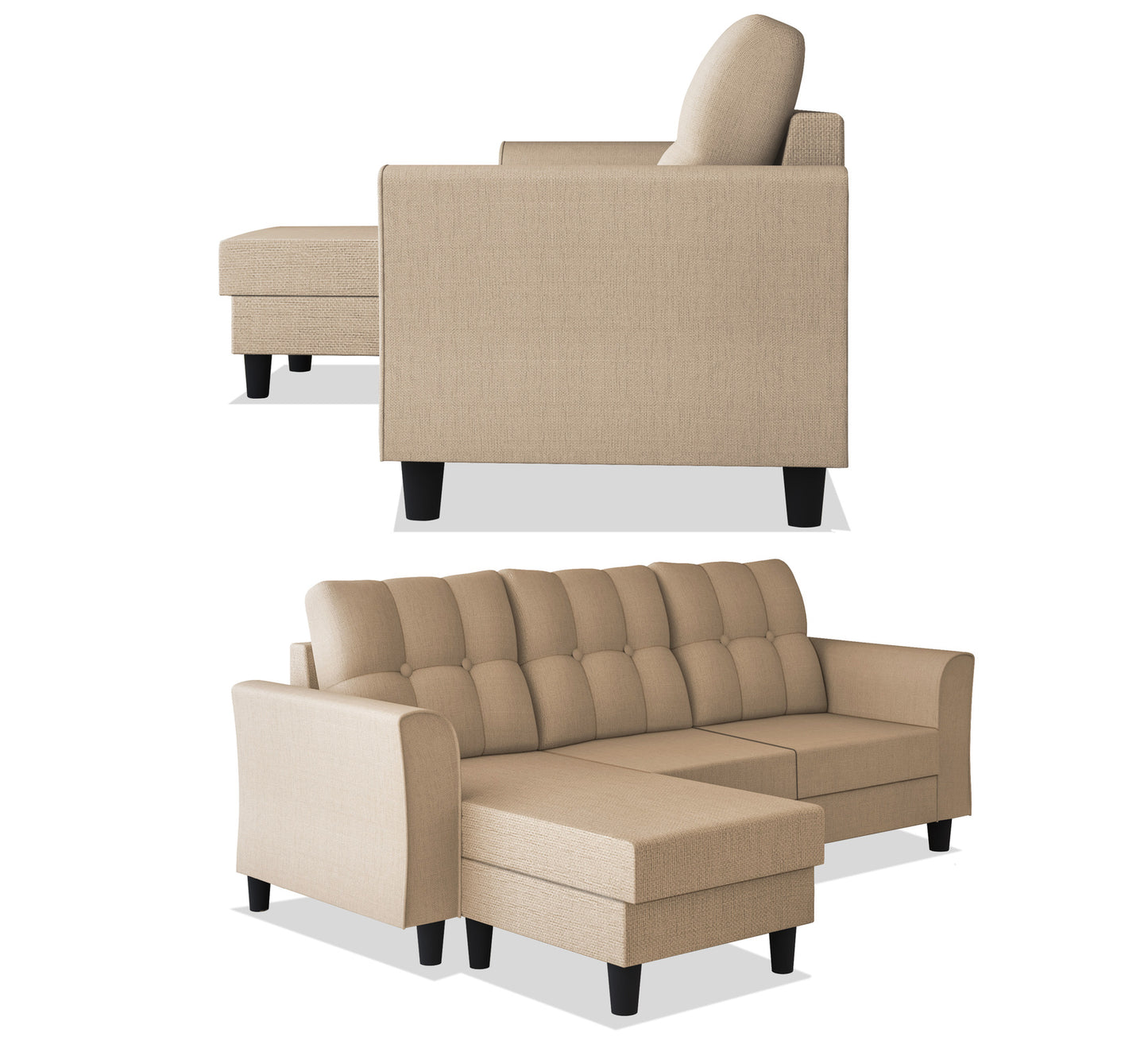 Adorn India Maddox Tufted L Shape 4 Seater Sofa Set (Beige