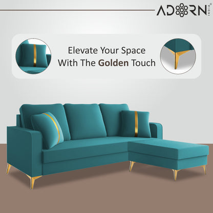 Adorn India Premium Chandler - 3 Years Warranty - L Shape 4 Seater Sofa Set Velvet Suede Fabric - Aqua Blue