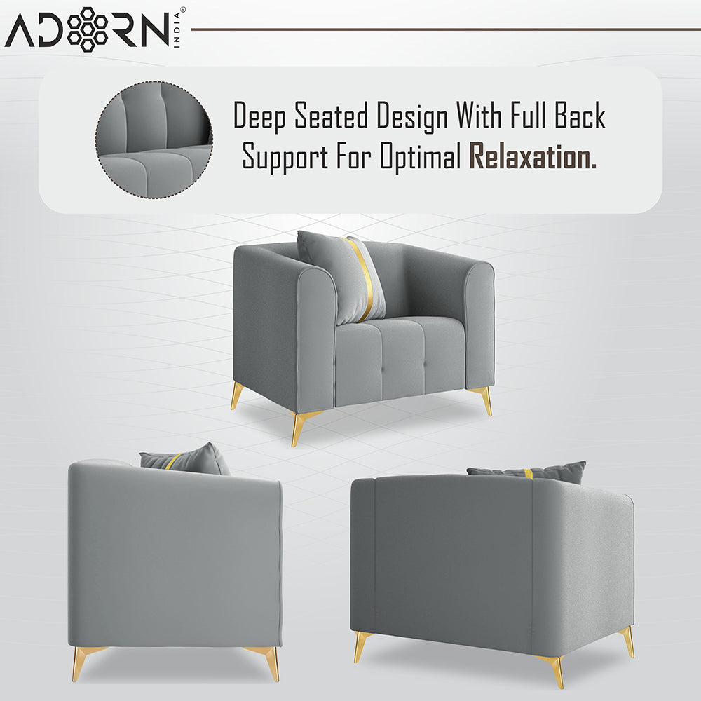 Adorn India Premium Mystic - 3 Years Warranty - 3+1+1 Sofa Set Velvet Suede Fabric - Grey